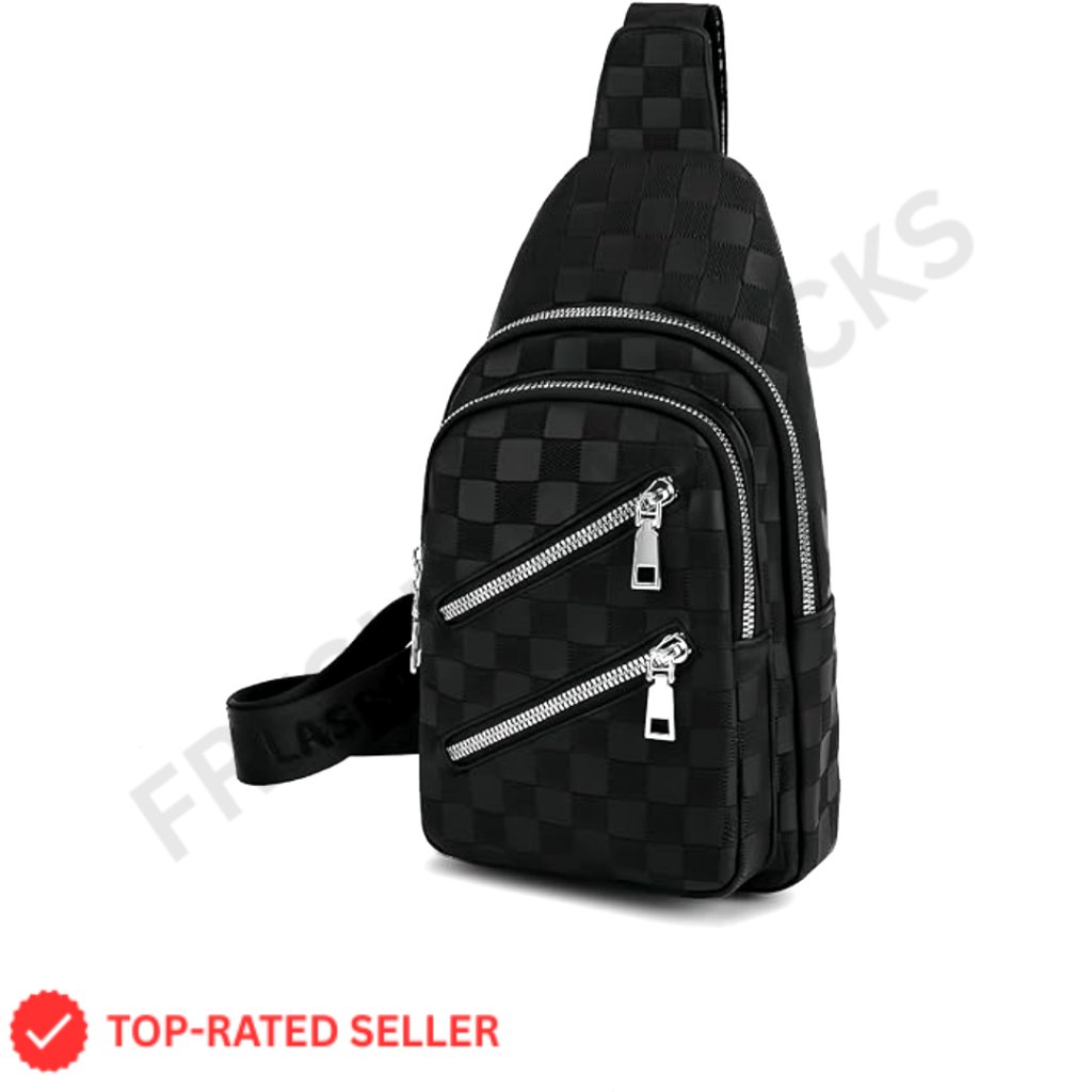 Checkered Leather Crossbody Bag Water Resistant Adjustable Strap Sling Fanny